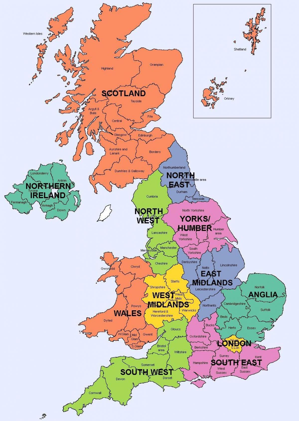 Mapa de las regiones del Reino Unido (UK) mapa político y estatal del